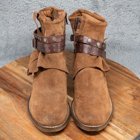 Chocolat Blu Brown Suede Ankle Boots Decorative Braided Straps Buckles Size 8.5 - Picture 2 of 7